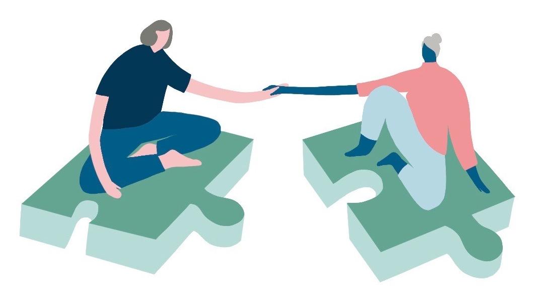 Illustration: zwei Menschen verbinden Puzzleteile, Arbeitsvermittlung